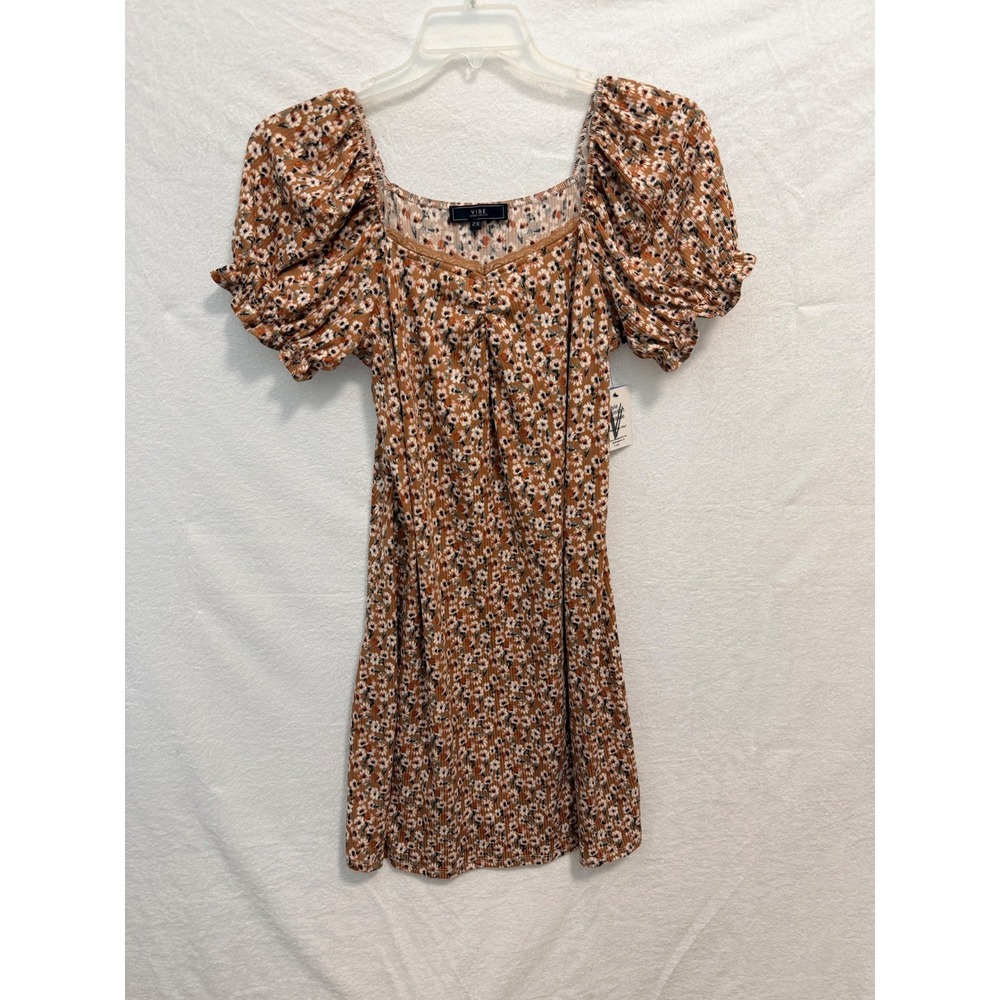 Vibe Sportswear Floral Puff Sleeve Ribbed Mini Dress Rust Brown 2X JKD1337X-RIB